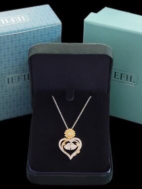 Sterling Silver Sunflower Double Heart Topaz CZ Necklace NWT
